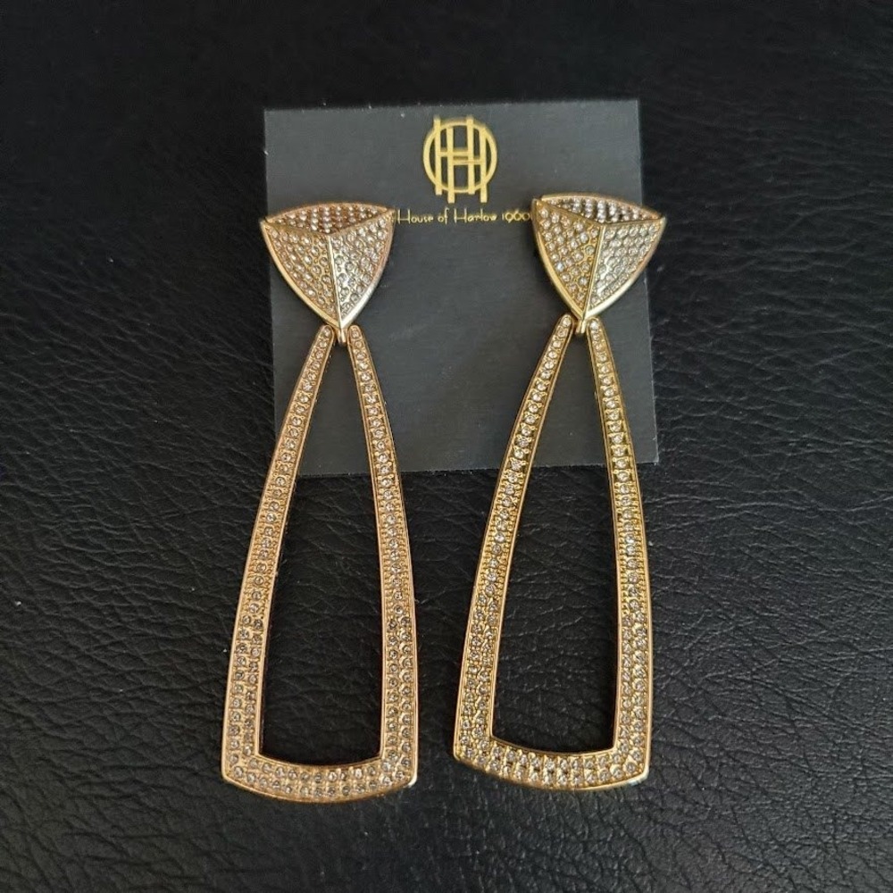 House of Harlow 1960 Mesa Door Knocker‎ Pyramid Drop Earrings Gold Tone NWT